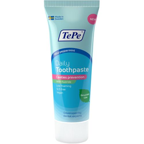 TePe Daily Toothpaste Mild Peppermint Cavities Prevention Οδοντόκρεμα Καθημερινής Χρήσης με Ήπια Γεύση Μέντας Κατά της Τερηδόνας 75ml